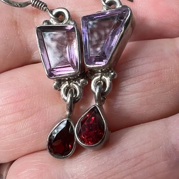 VINTAGE AMETHYST GARNET DROP DANGLE LONG EARRING925 STERLING SILVER UNIQUE CUT